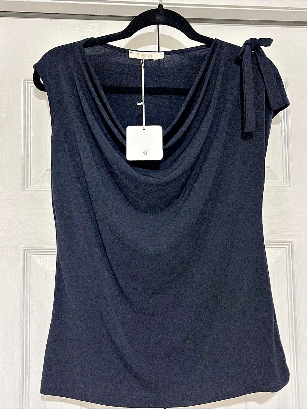 HFN Draped Neck Blouse in Navy Size Small NWT. Made in Italy